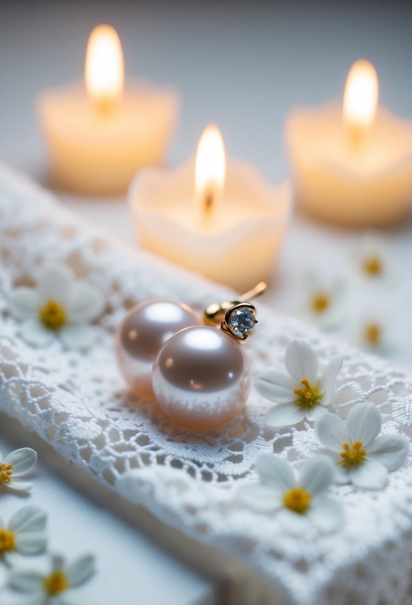 A delicate pearl earring resting on a white lace fabric, surrounded by tiny flower petals and soft candlelight