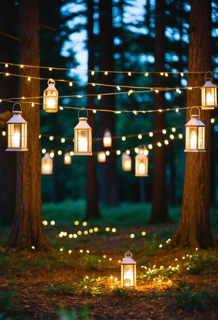 Hanging lanterns illuminate a woodland clearing, casting a warm glow on the forest floor. Twinkling lights create a romantic ambiance for a wedding celebration