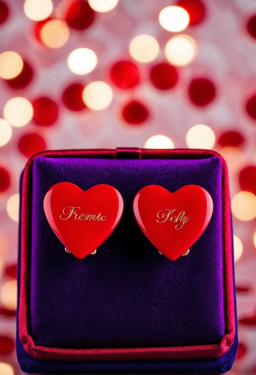 Two heart-shaped earrings in a vibrant red color, with personalized engravings, displayed on a velvet cushion against a romantic background