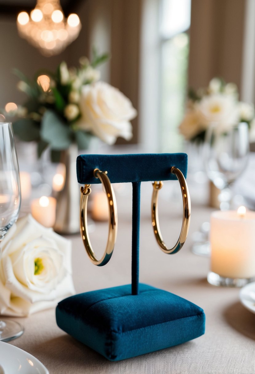 Two delicate gold double hoop earrings displayed on a velvet cushion, surrounded by soft lighting and elegant wedding decor