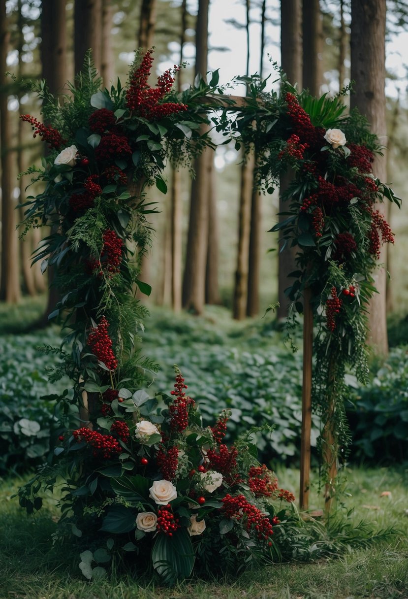 A lush woodland setting with rich greenery and pops of deep red berries woven into the wedding florals, creating a romantic and natural atmosphere