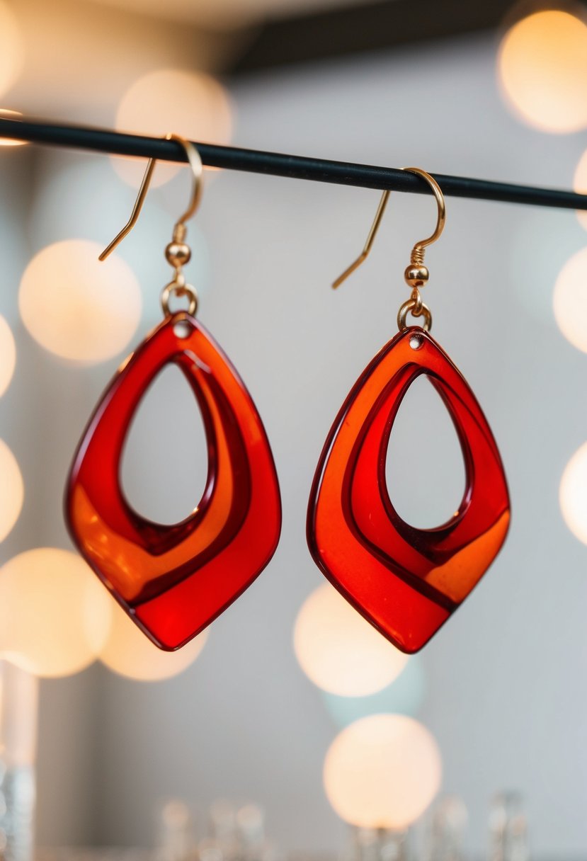 A pair of abstract red dangle earrings hanging from a display, with a soft, romantic background