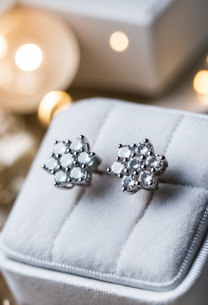 A close-up of two sparkling diamond cluster studs displayed on a white velvet cushion, surrounded by soft, romantic lighting