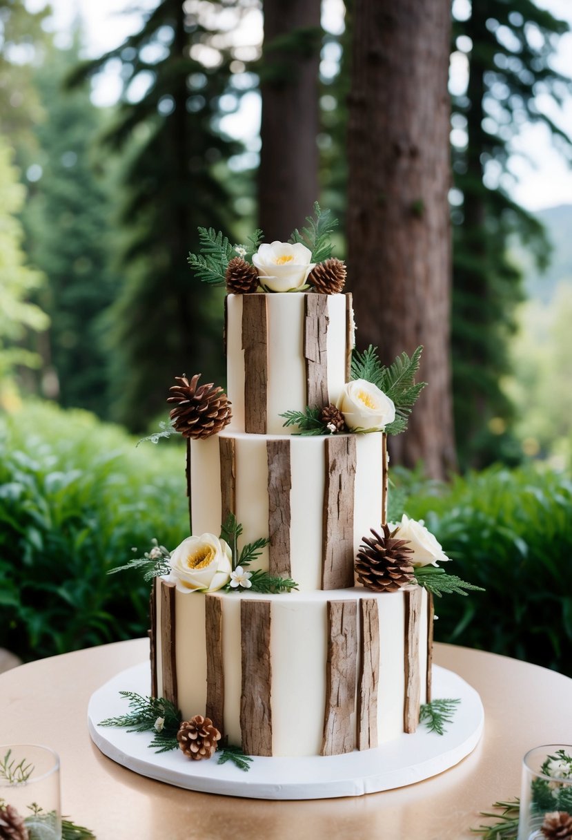 A three-tiered wedding cake with bark-inspired details, adorned with woodland elements like leaves, pinecones, and flowers, set against a backdrop of lush greenery and towering trees