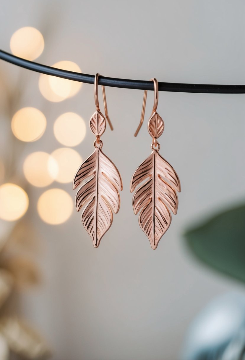 A pair of rose gold leaf dangle earrings suspended from a display, with a soft, elegant background