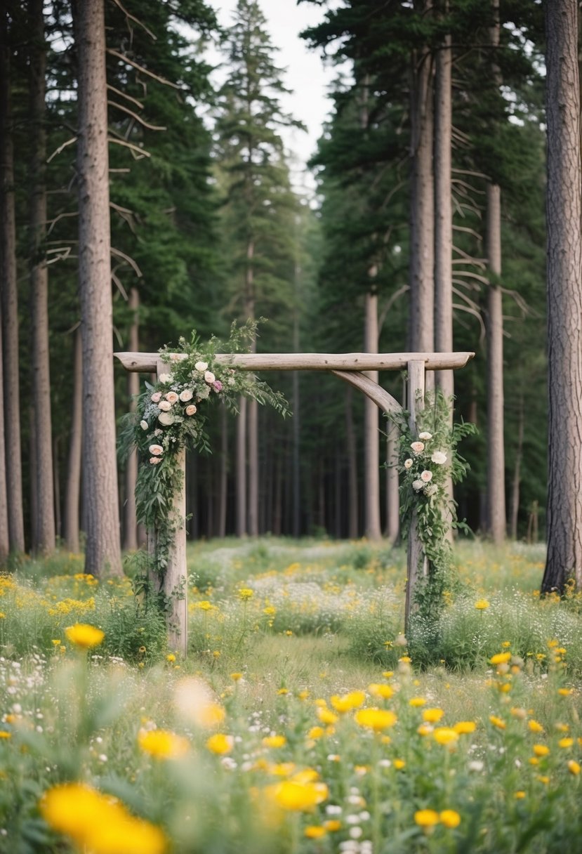 A serene forest clearing with a rustic wooden arch adorned with wildflowers and surrounded by towering trees