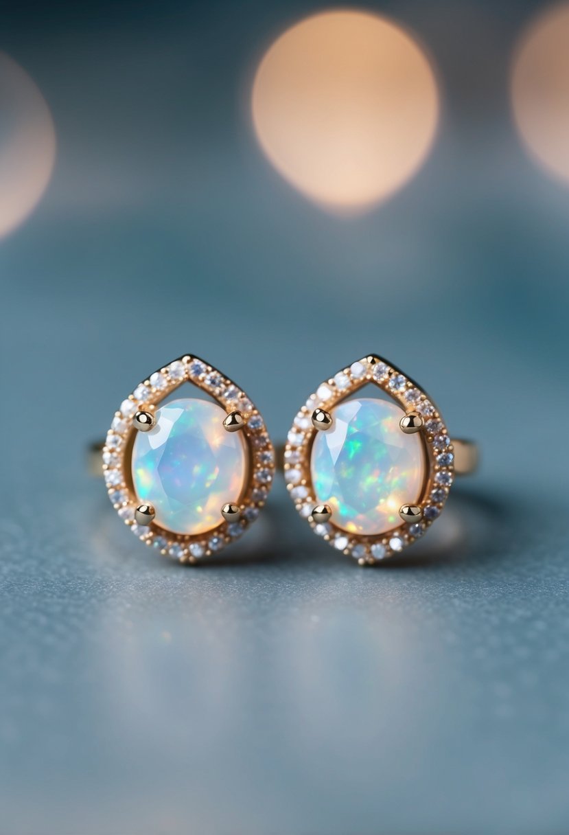 A close-up of two delicate opal huggie earrings, showcasing their intricate design and shimmering beauty