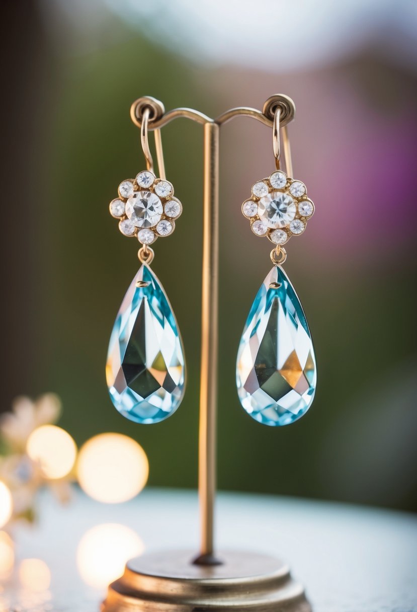 A pair of vintage crystal drop earrings dangling from a delicate stand, surrounded by soft romantic lighting