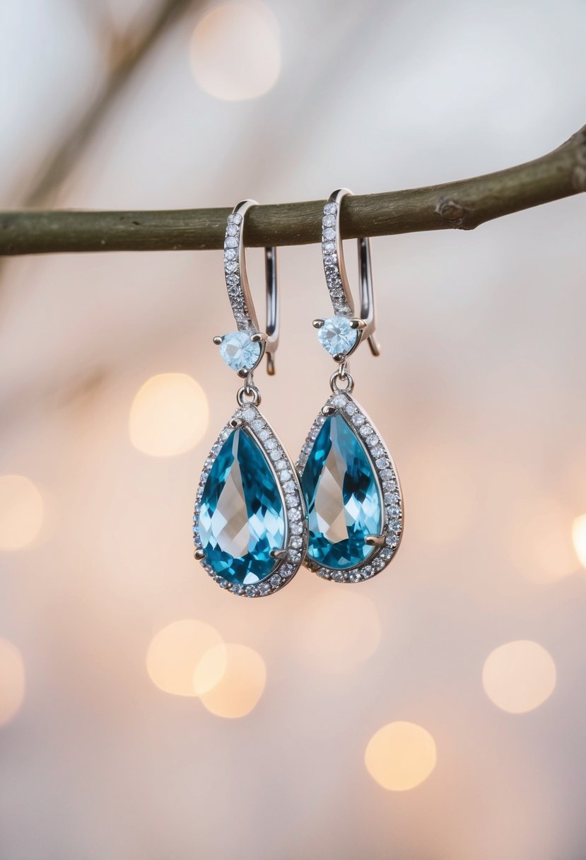 A pair of teardrop chandelier earrings hanging against a soft, romantic backdrop, with delicate details and sparkling gemstones catching the light