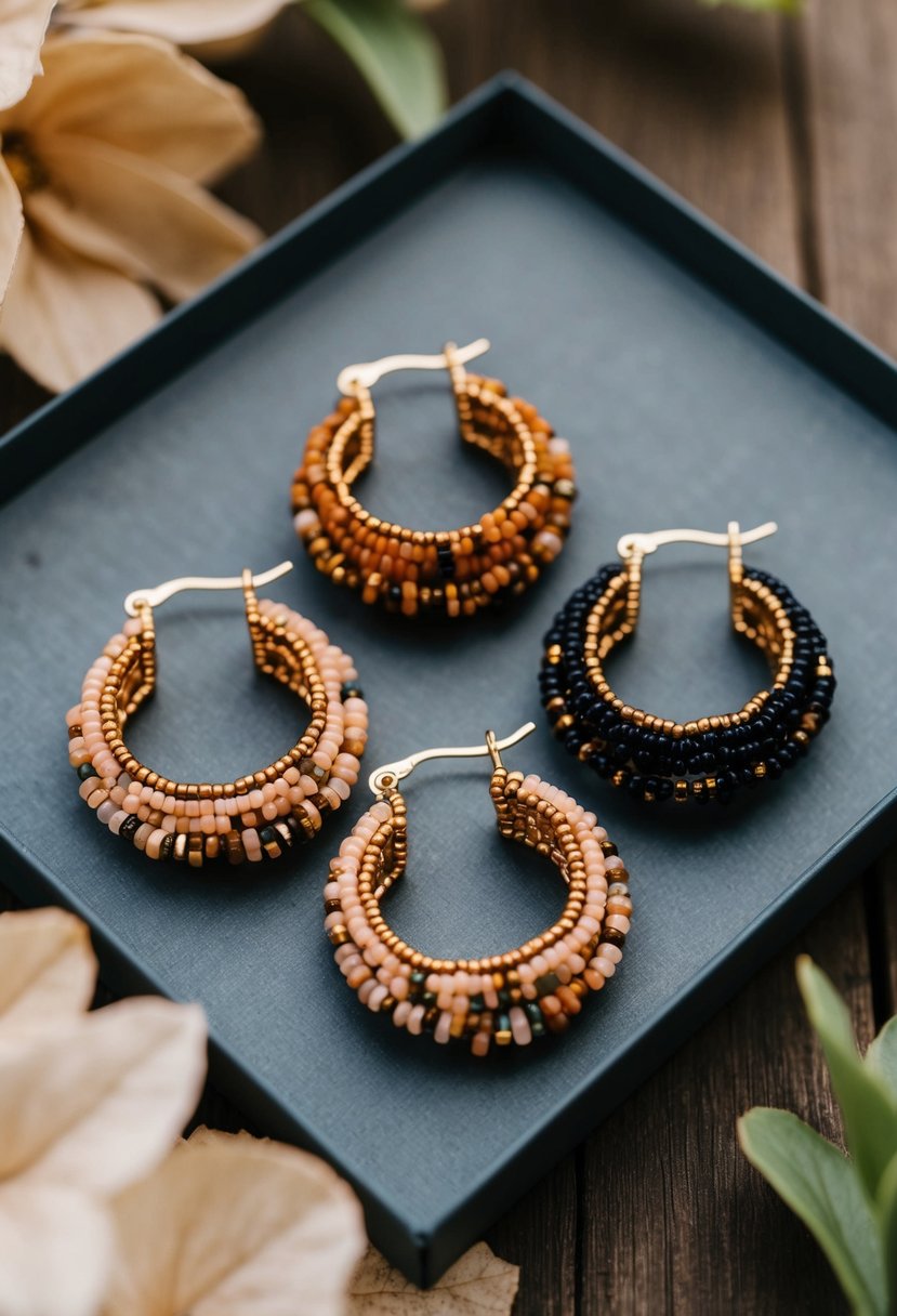 Three beaded hoop earrings in boho style, featuring intricate two-hole designs. Each earring is unique, with a mix of earthy tones and delicate details