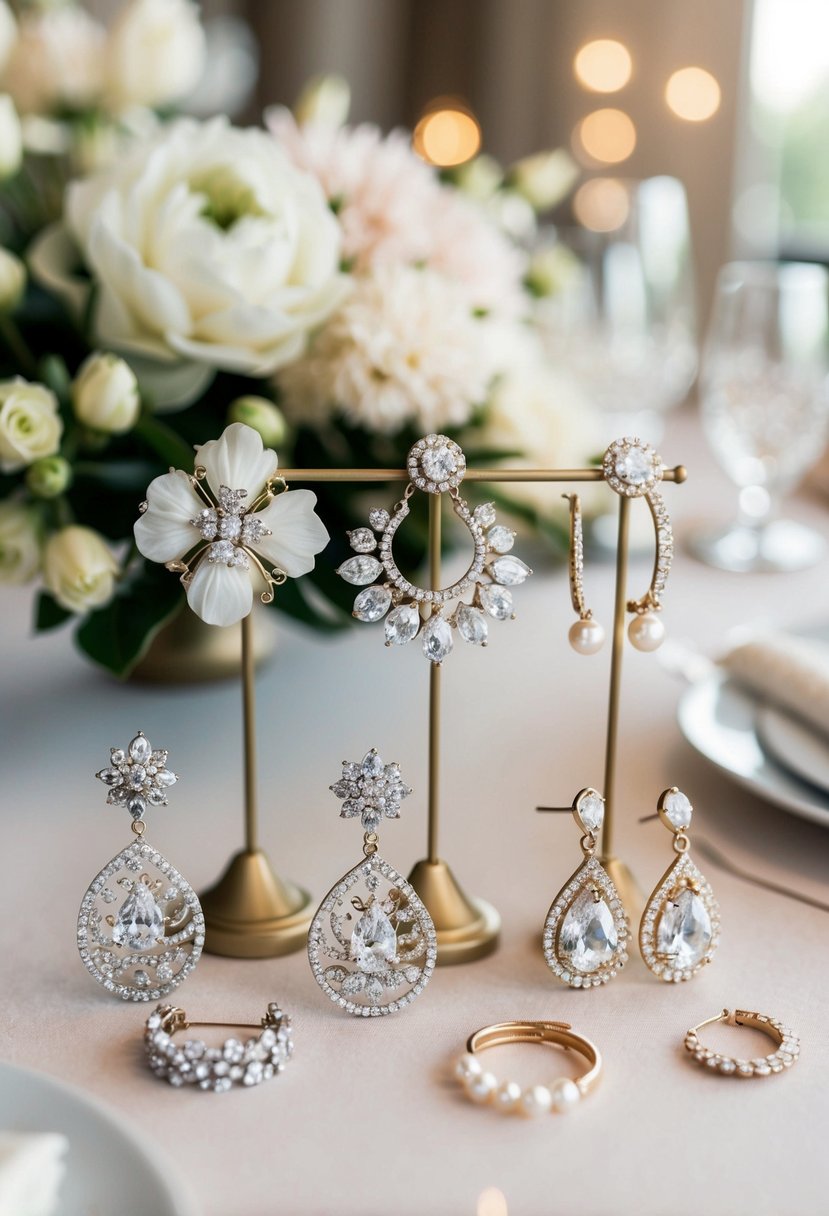 A table adorned with various unique wedding earring designs, including intricate floral patterns, sparkling gemstones, and delicate pearls