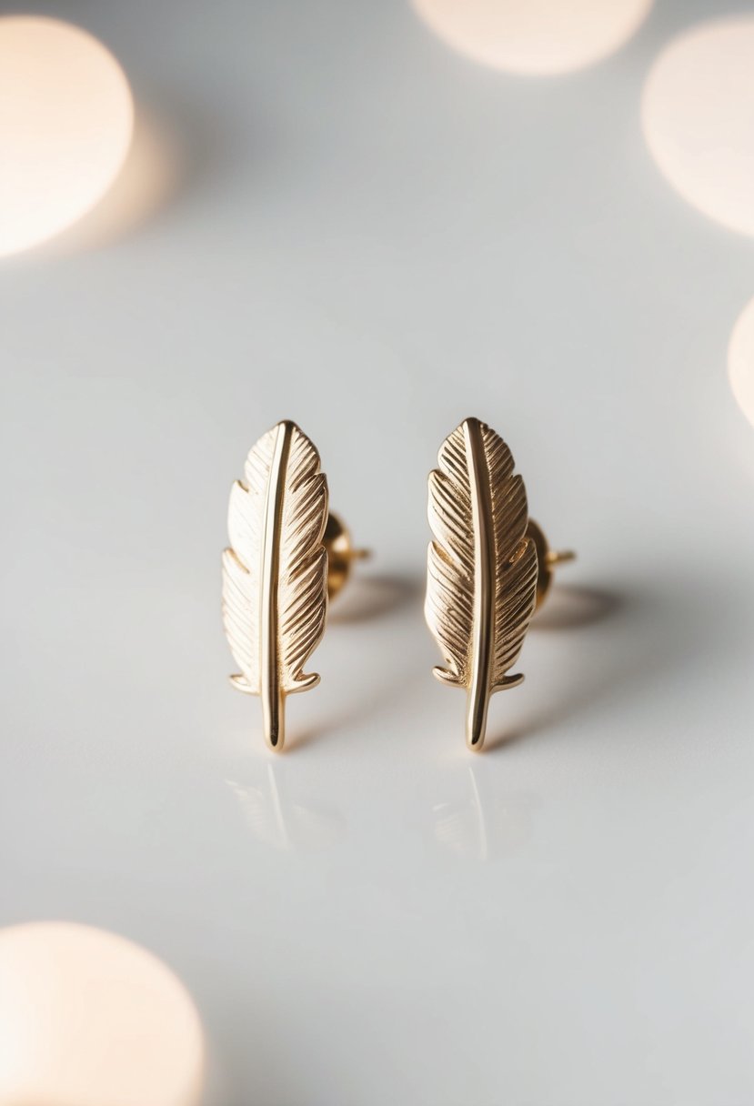 Two delicate 14K gold feather studs arranged on a white background with soft lighting, creating an elegant and romantic wedding earring concept