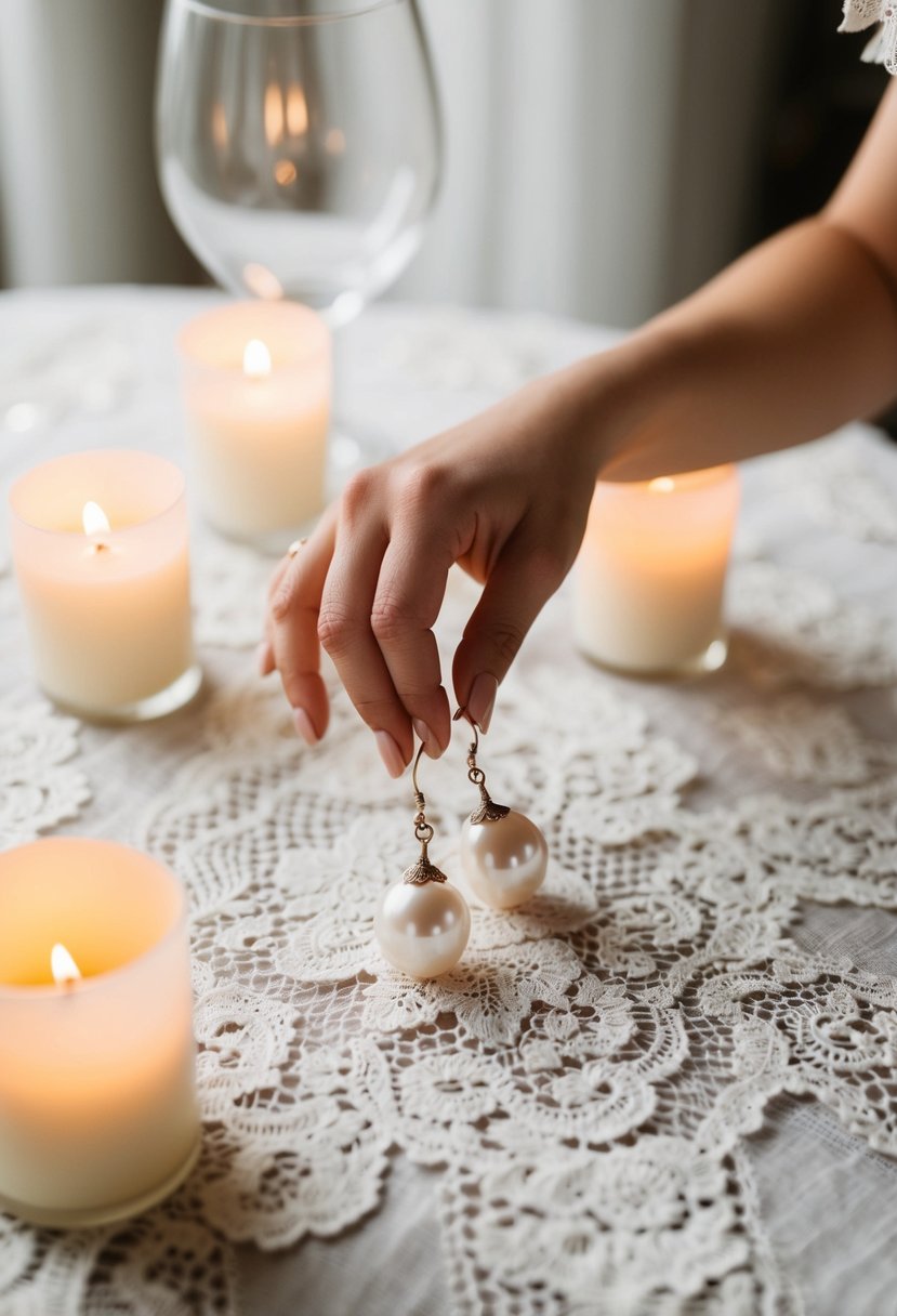 A bride's hand reaches for a pair of Vintage Pearl Drop Earrings on a delicate lace tablecloth, surrounded by soft candlelight