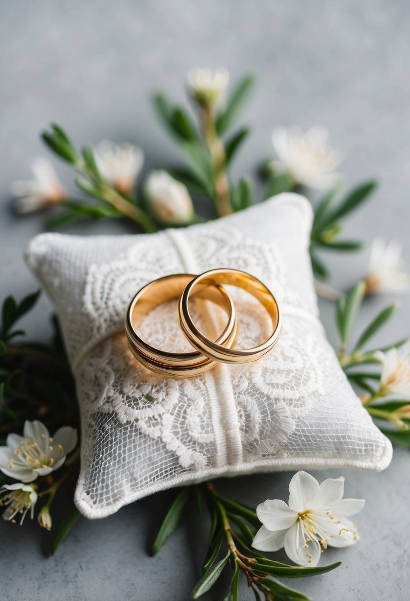 A pair of intertwined gold rings atop a delicate white lace pillow, surrounded by sprigs of fresh greenery and delicate white blossoms