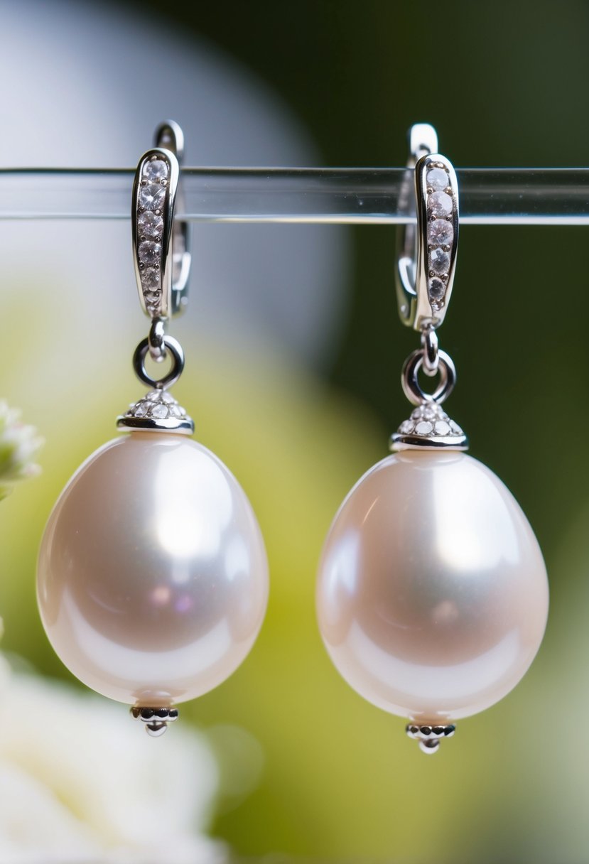 A pair of freshwater pearl drop earrings suspended from delicate two-hole settings, sparkling in the soft light of a wedding ceremony