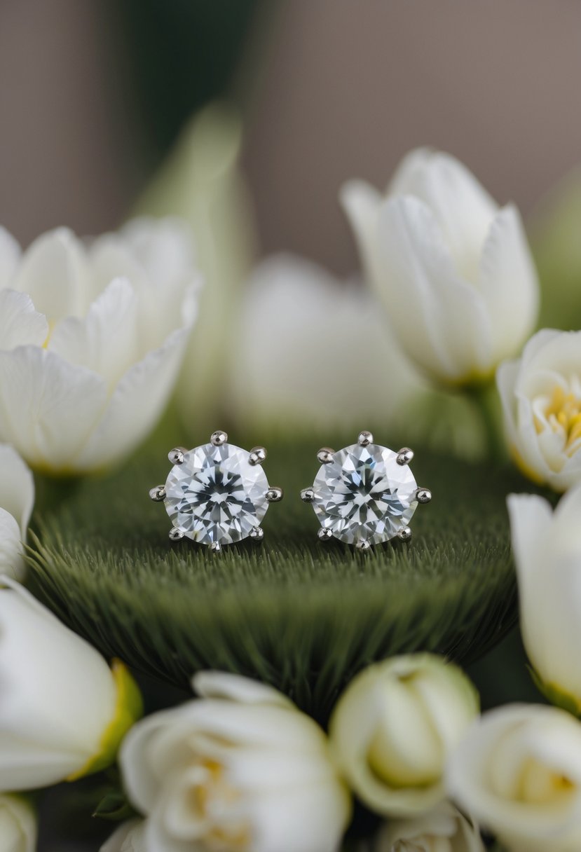 A pair of delicate diamond studs surrounded by intricate floral designs, perfect for a unique wedding earring idea