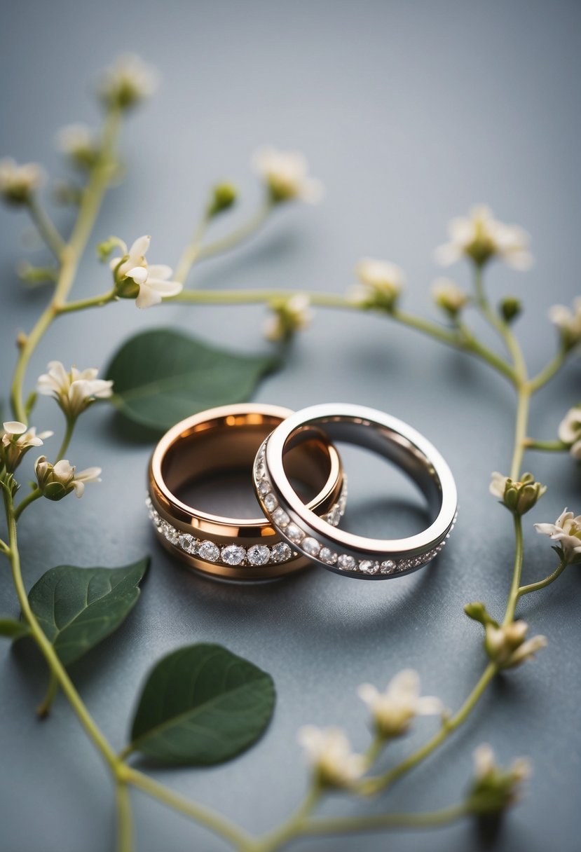 A pair of interlocking wedding rings surrounded by delicate floral vines and leaves