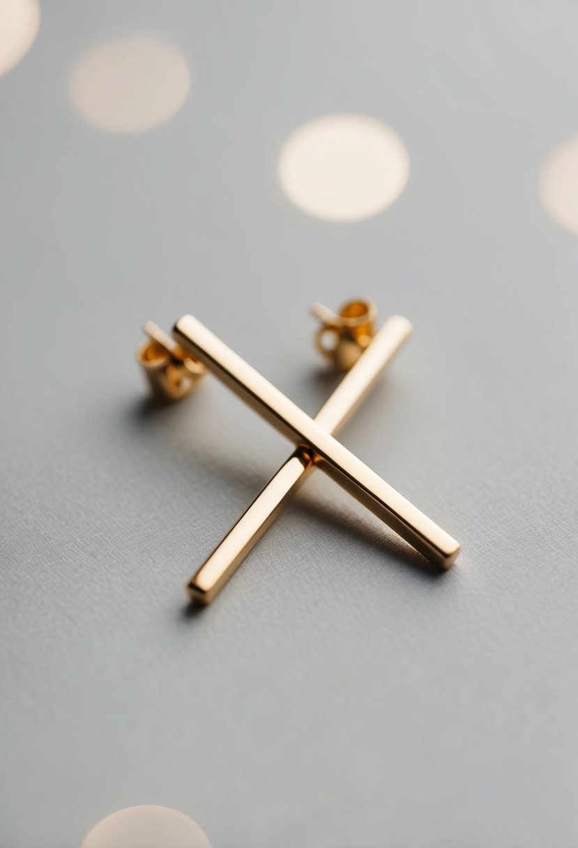 Two gold bars intersecting to form a minimalist earring design with two holes for a wedding setting