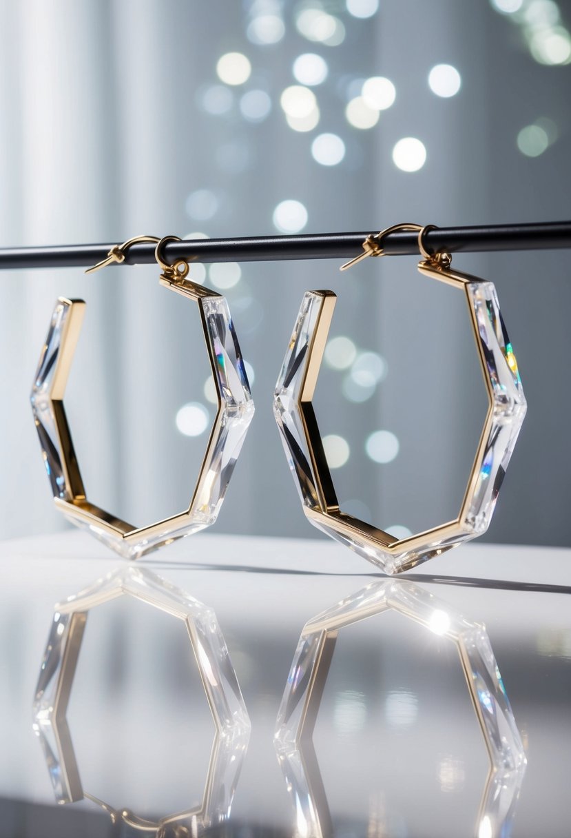 A pair of geometric crystal hoops suspended in mid-air, casting shimmering reflections on a sleek white surface