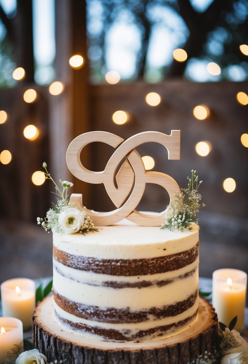 Two intertwined wooden initials sit atop a rustic wedding cake, surrounded by delicate floral arrangements and soft candlelight