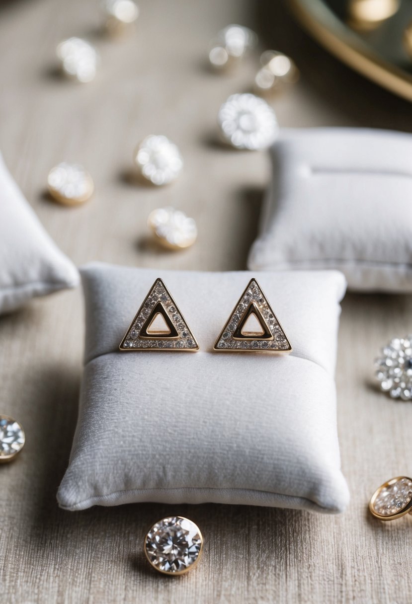 A delicate pair of triangle ear jackets displayed on a white velvet cushion, surrounded by shimmering two-hole wedding earring designs