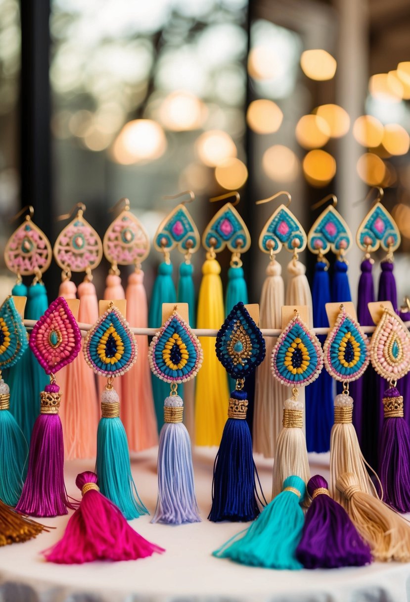 A table displaying a variety of bohemian tassel earrings in vibrant colors and intricate designs, with soft lighting highlighting their unique details