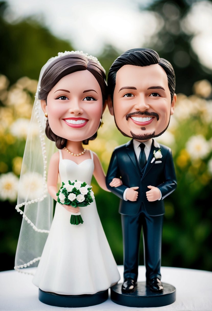 A couple of personalized bobbleheads standing side by side, dressed in wedding attire, with big smiles on their faces