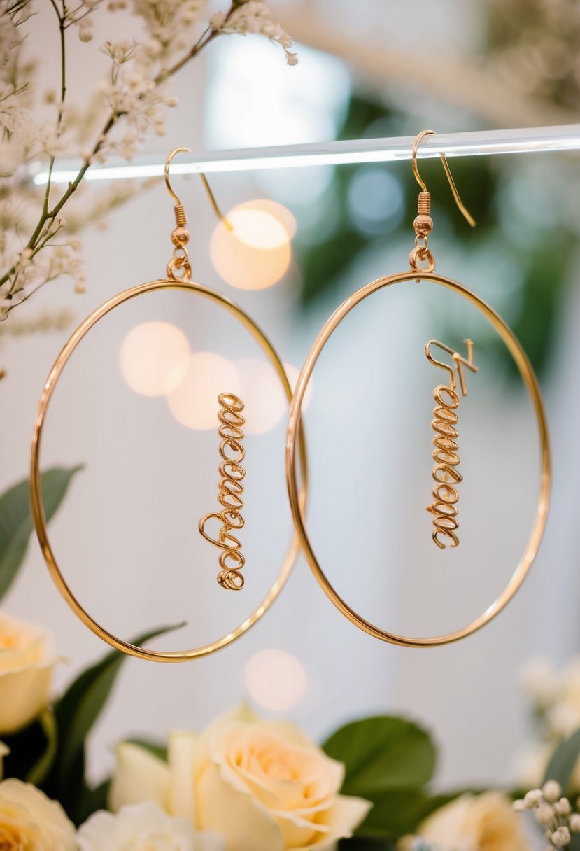 Two elegant and personalized name hoops dangle from a display, surrounded by delicate wedding-themed decorations