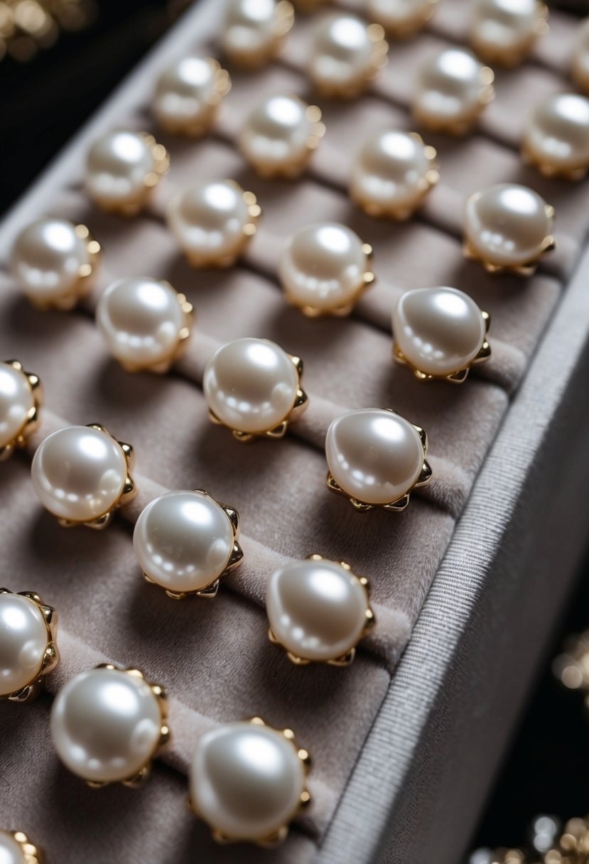 A close-up of pearl cluster dewdrop earrings arranged on a velvet display, catching the light and casting delicate shadows