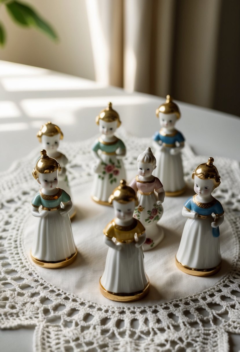 A collection of delicate vintage porcelain figurines arranged on a lace doily, with soft lighting casting gentle shadows