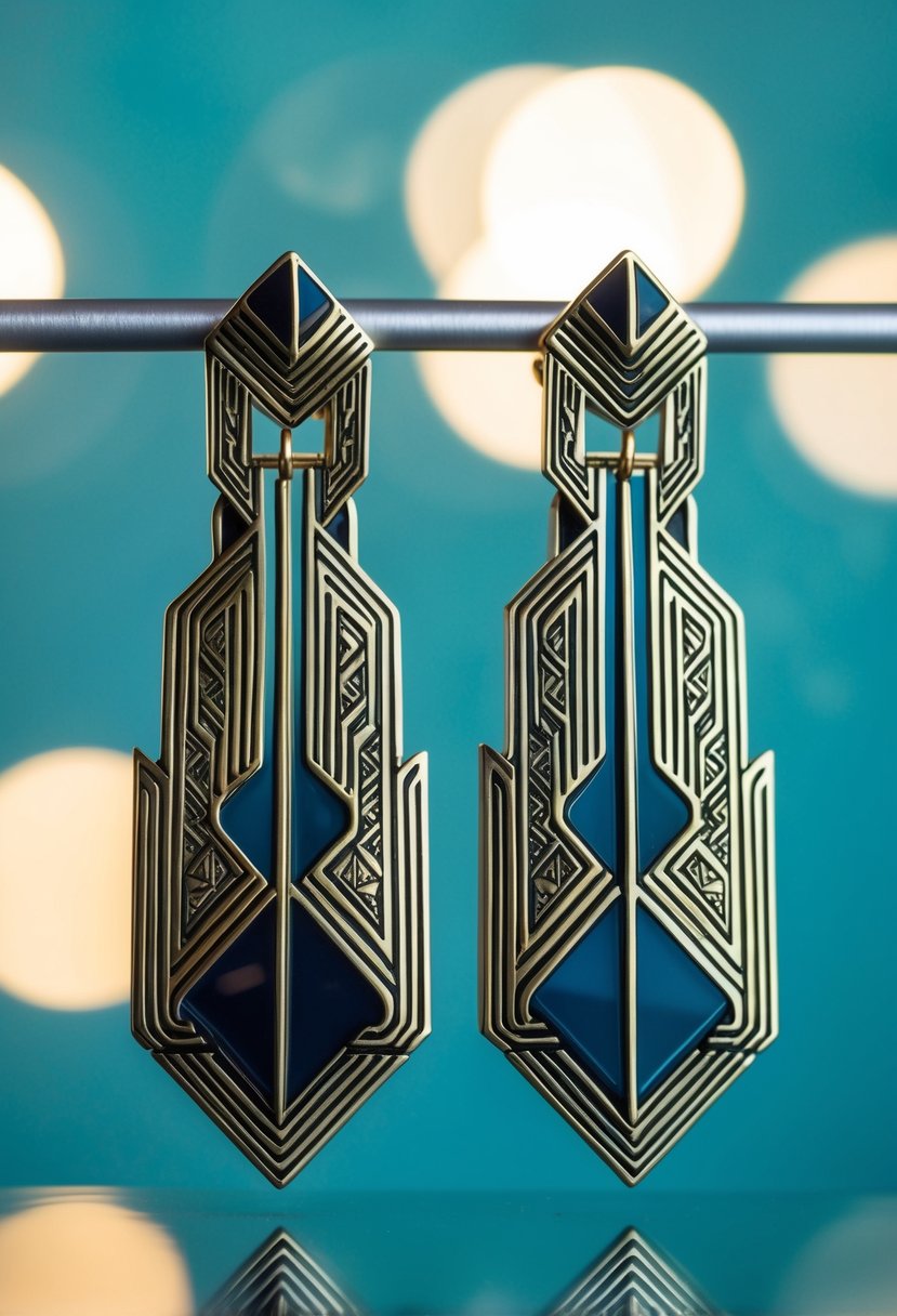 A pair of ornate, geometric earrings with intricate patterns and sleek lines, inspired by the Art Deco style