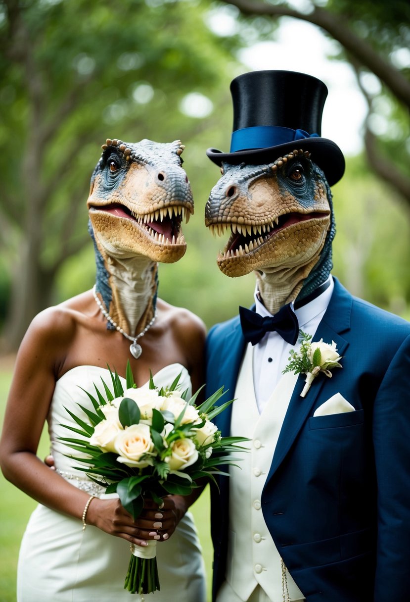 Two dinosaurs in wedding attire, one holding a bouquet, the other wearing a top hat, standing side by side and smiling