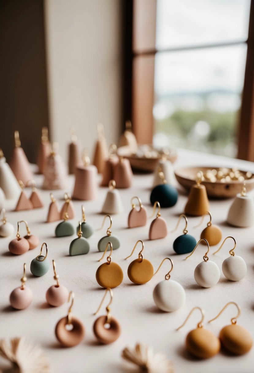 A table adorned with delicate, handmade clay earrings in various shapes and colors, showcasing unique wedding earring ideas