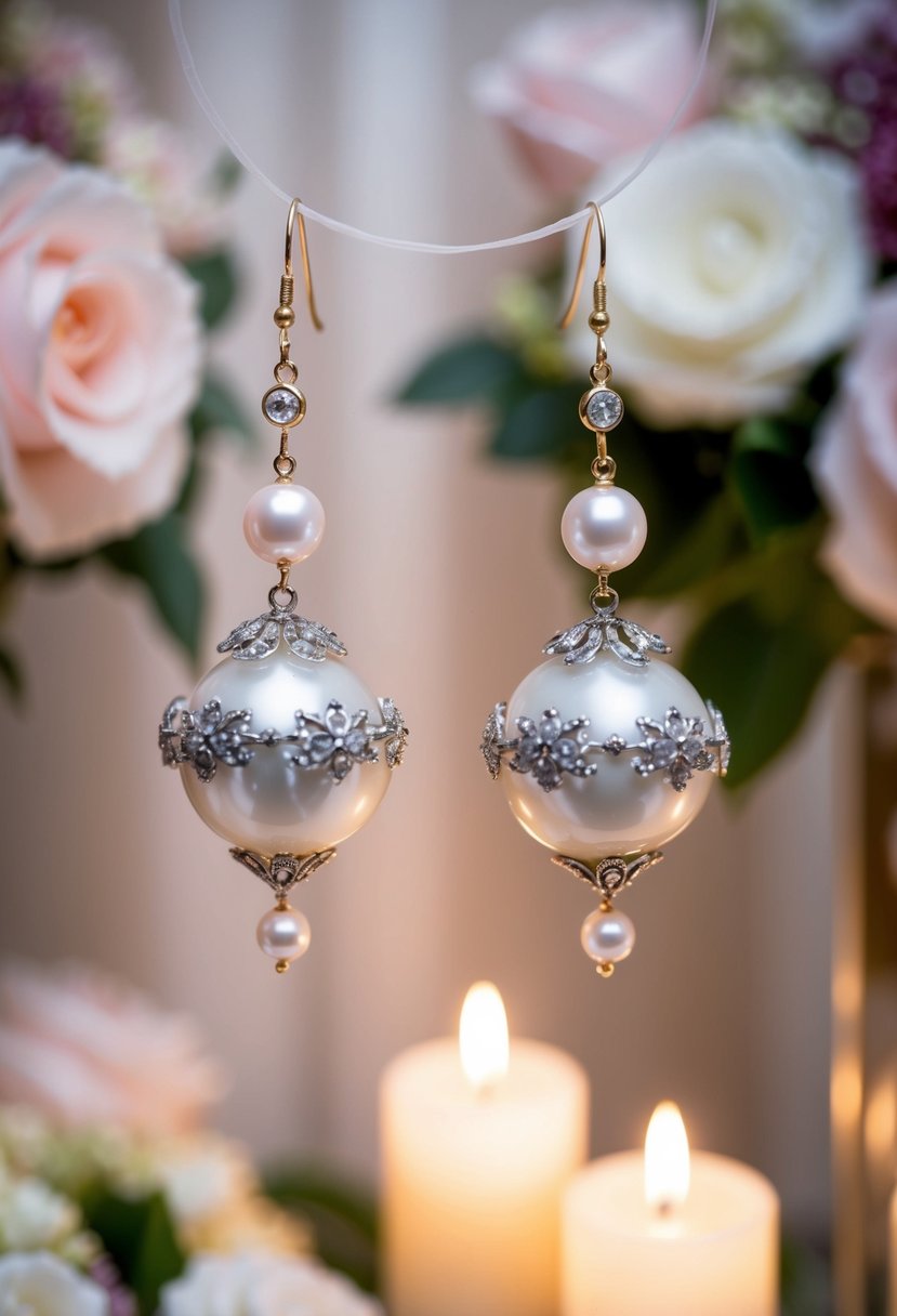 A pair of Baroque Pearl Danglers suspended from a delicate display, surrounded by soft candlelight and floral arrangements, creating a romantic ambiance