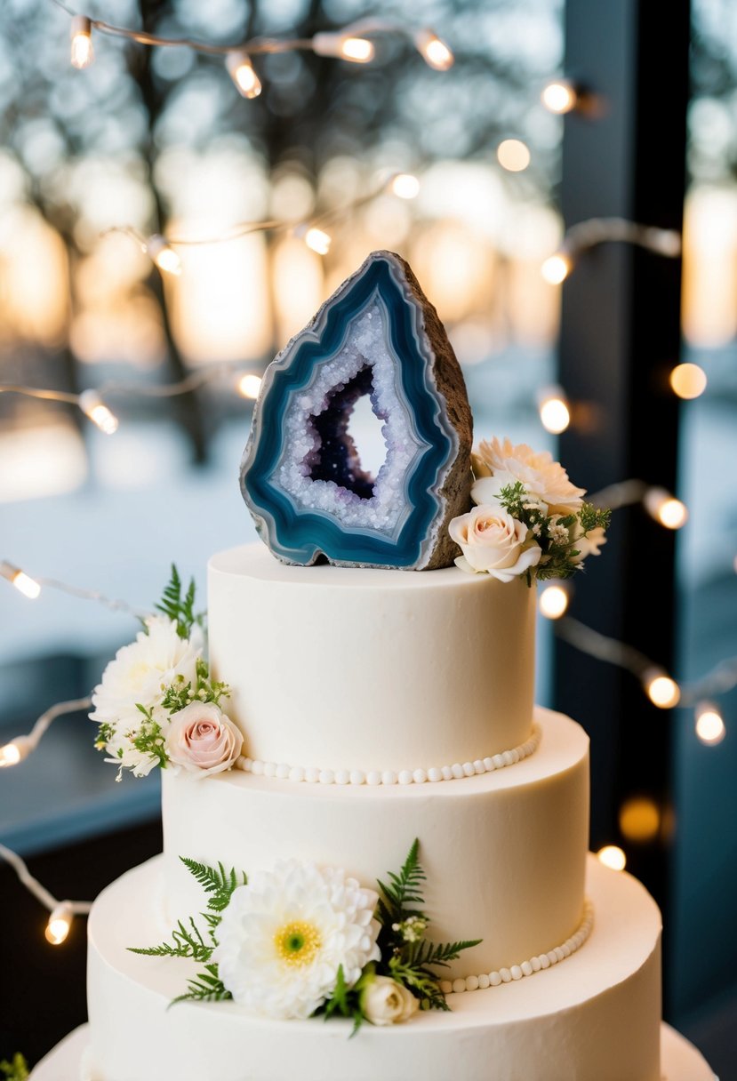 An elegant geode sculpture placed atop a wedding cake, surrounded by delicate flowers and twinkling fairy lights