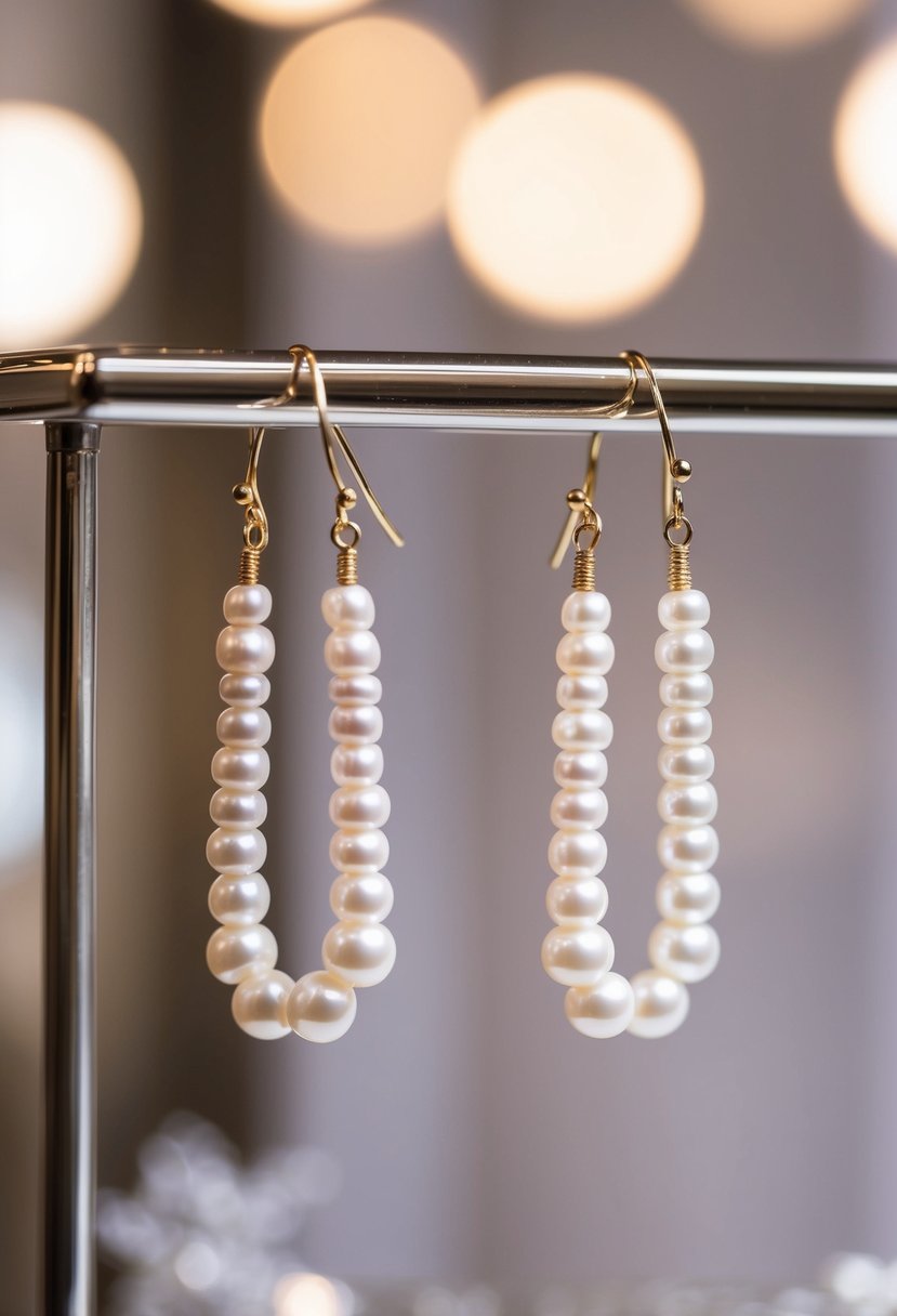 Two elegant pearl threader earrings hanging from a display, with soft lighting and a romantic background