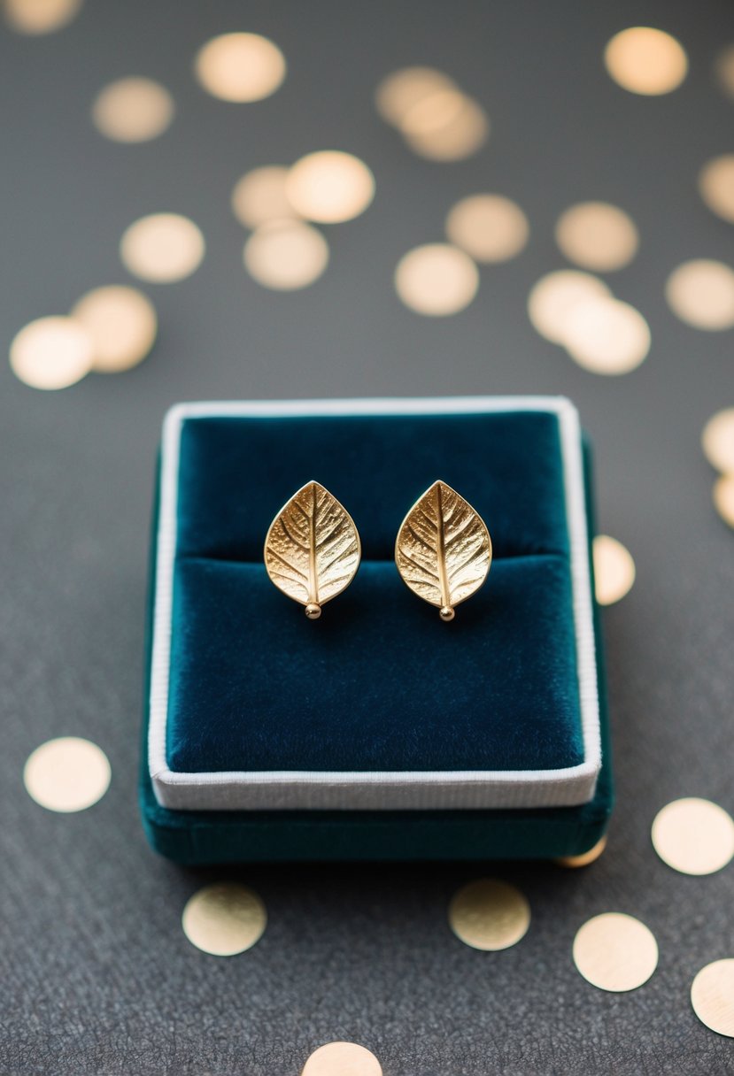 A pair of elegant earrings with delicate gold leaf accents, resting on a velvet cushion