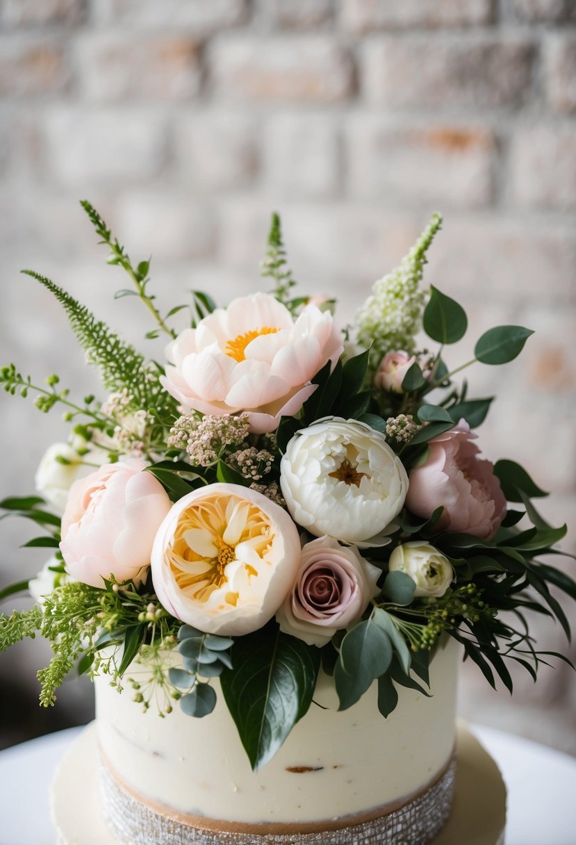 A lush floral arrangement sits atop a wedding cake, featuring a mix of roses, peonies, and greenery in soft pastel hues