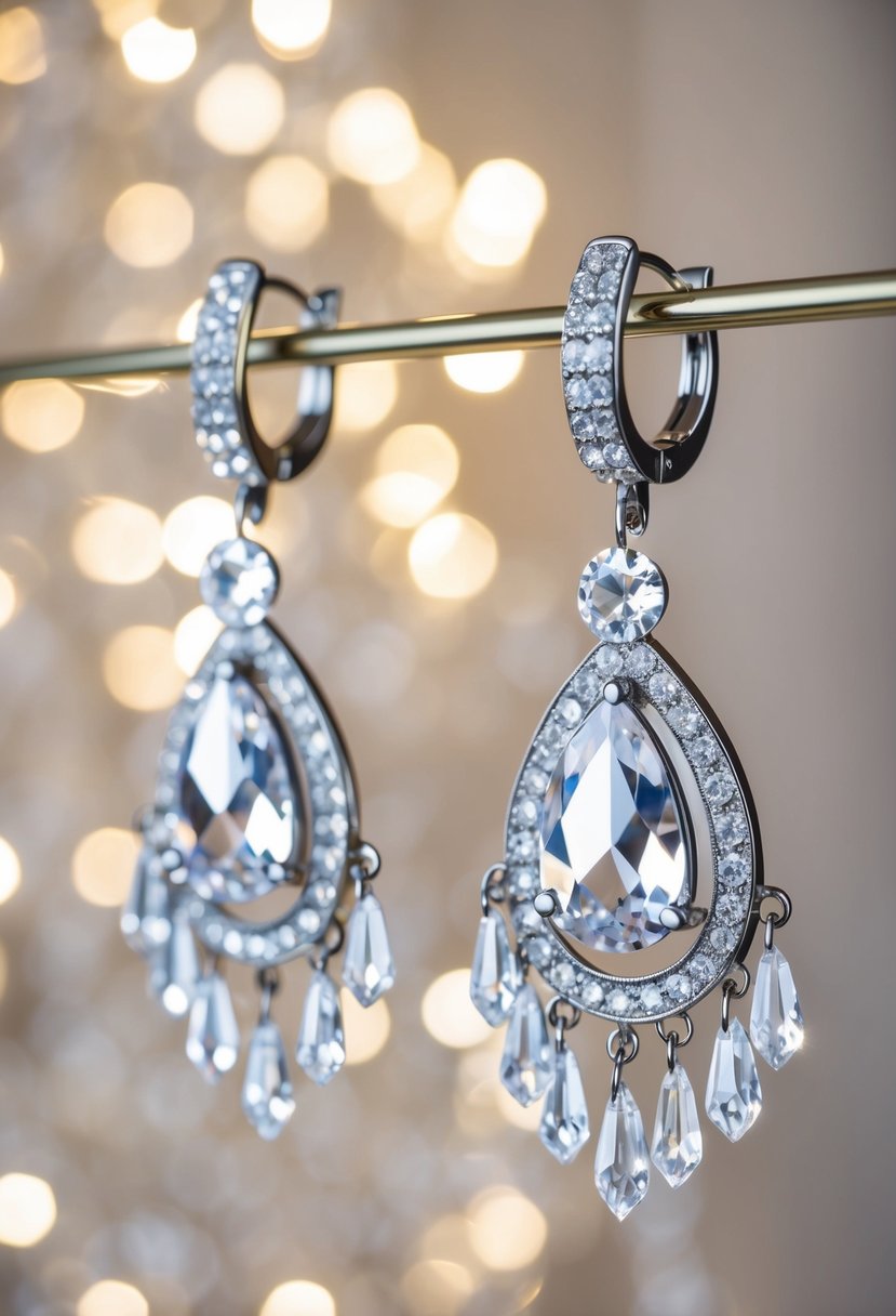 A pair of crystal chandelier earrings hanging from a delicate stand, catching the light and sparkling with elegance