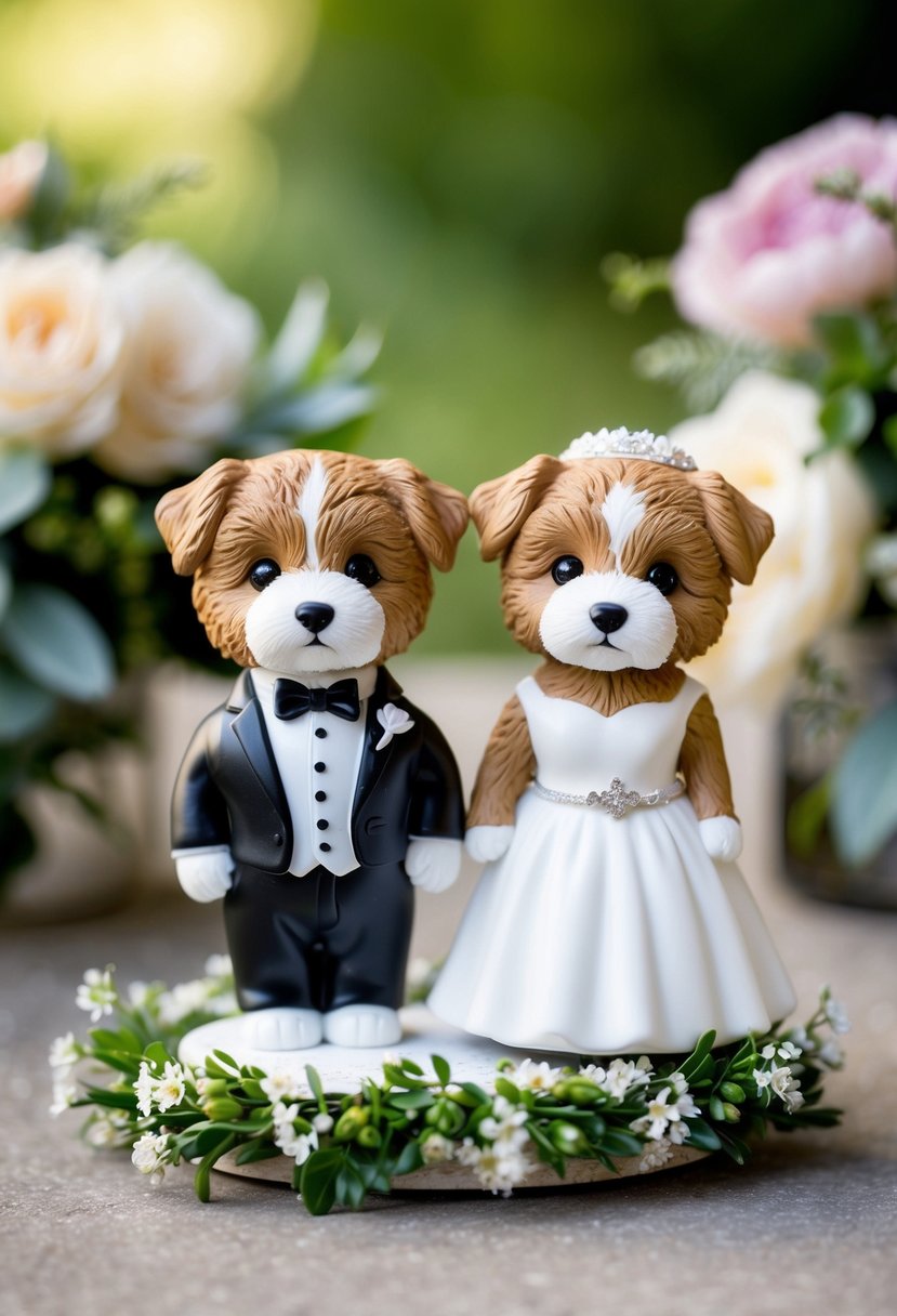 A pair of adorable fur baby figurines, one in a tuxedo and the other in a wedding dress, standing on a small decorative base, surrounded by delicate flowers and greenery