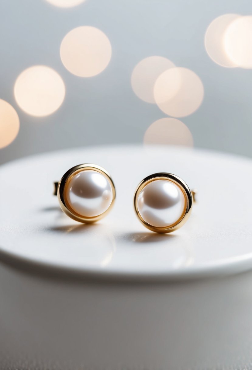 Two simple pearl studs on a clean, white surface