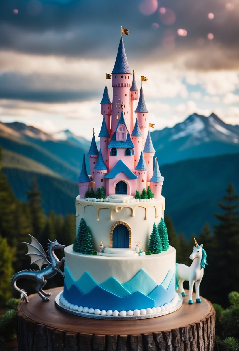 A whimsical castle atop a tiered cake, surrounded by forest and mountains, with a dragon and unicorn standing guard