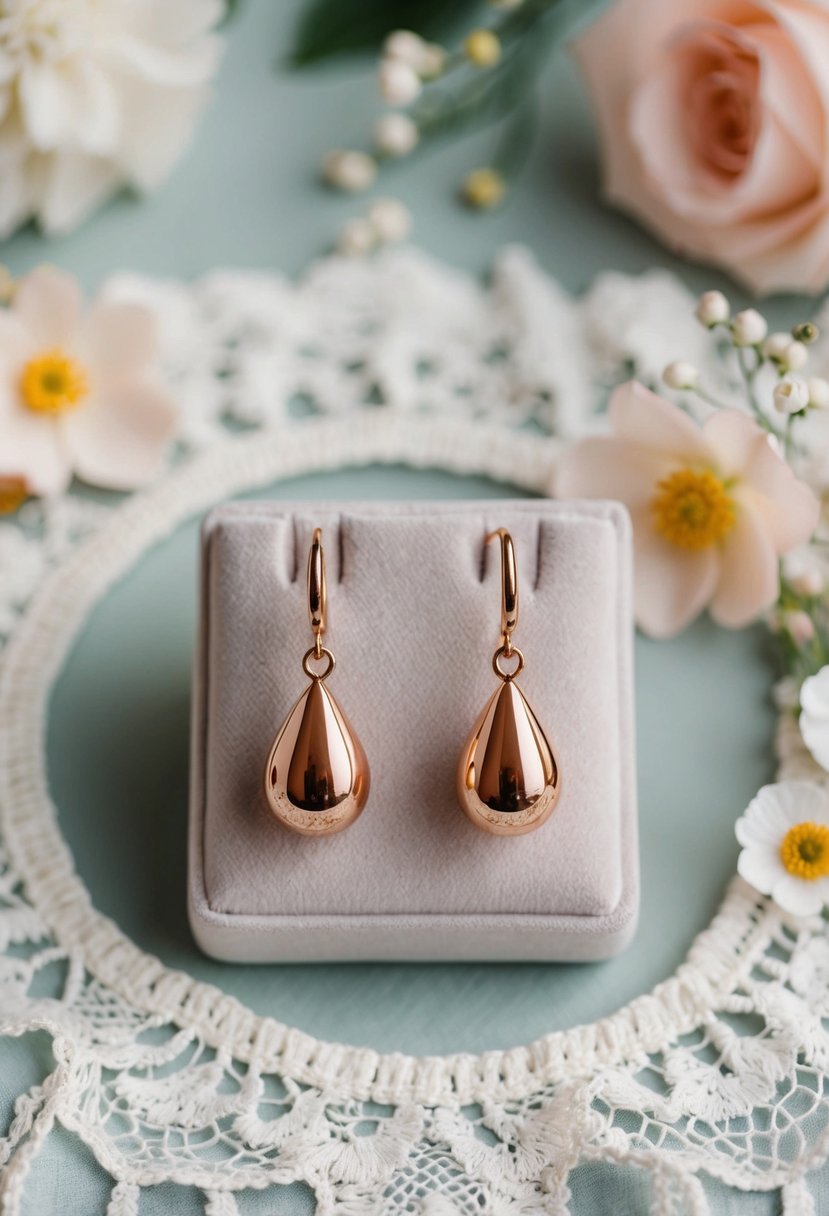 Two rose gold teardrop earrings displayed on a velvet cushion, surrounded by delicate lace and floral accents