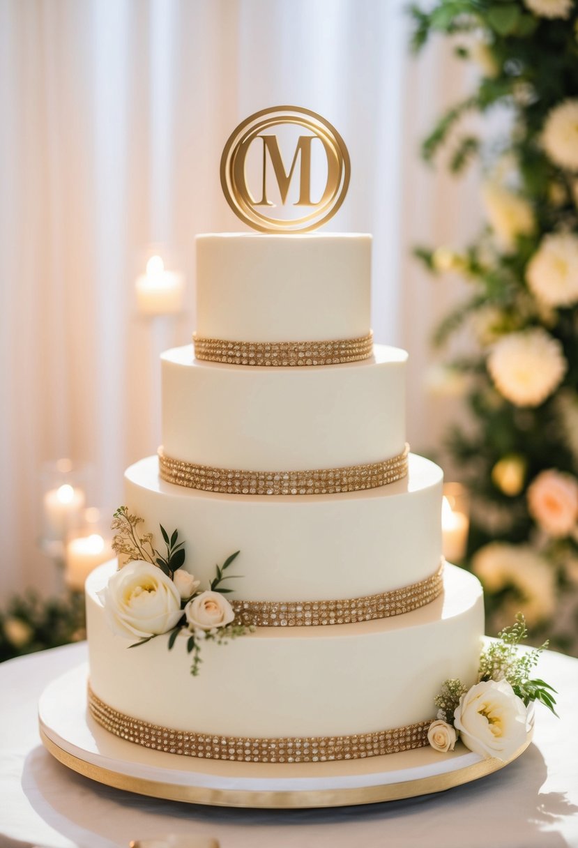 Golden monogram letters arranged on a tiered wedding cake, with elegant floral decorations and soft candlelight in the background