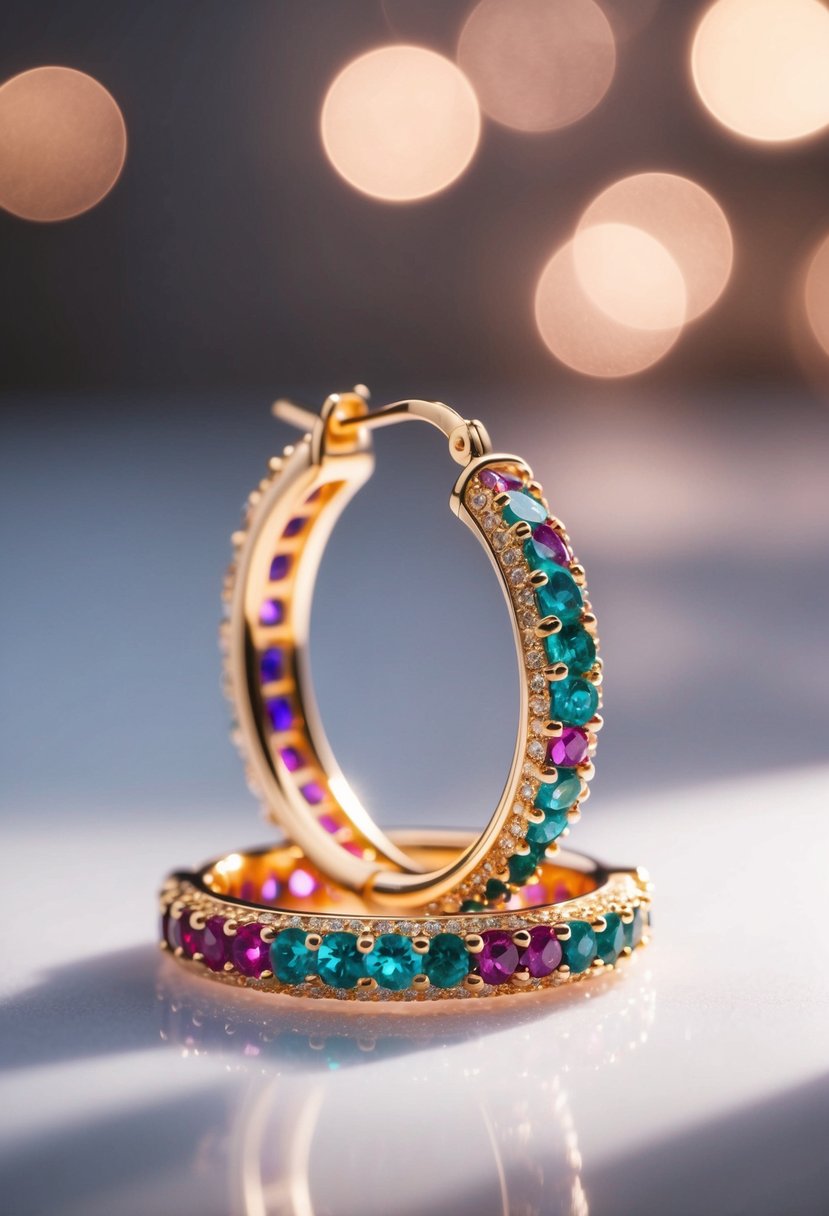 A pair of gemstone hoops with vibrant colors and intricate details, shining under soft lighting