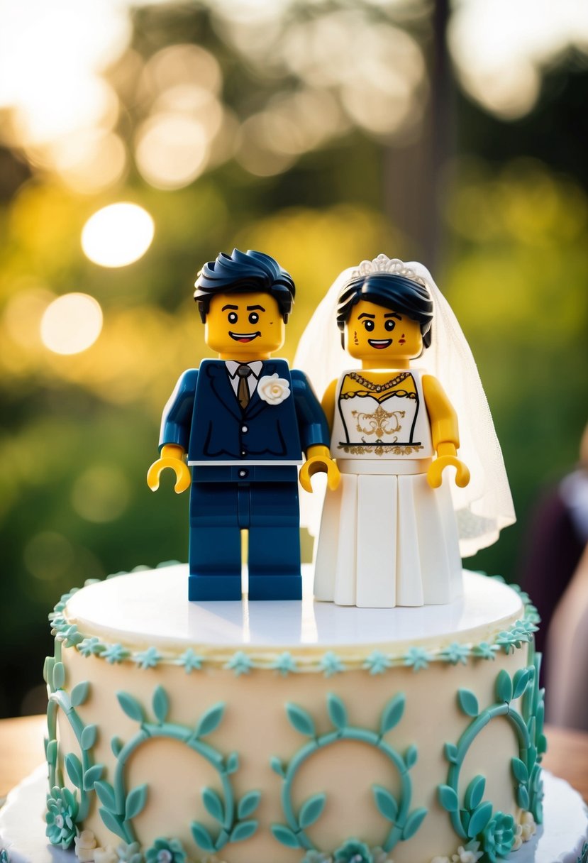 A customizable Lego bride and groom standing on a decorative wedding cake