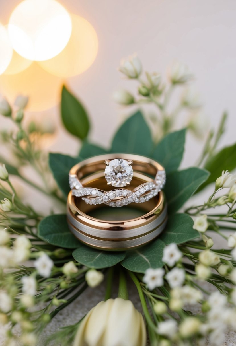 A pair of intertwined wedding rings surrounded by delicate floral arrangements and a soft, glowing light in the background