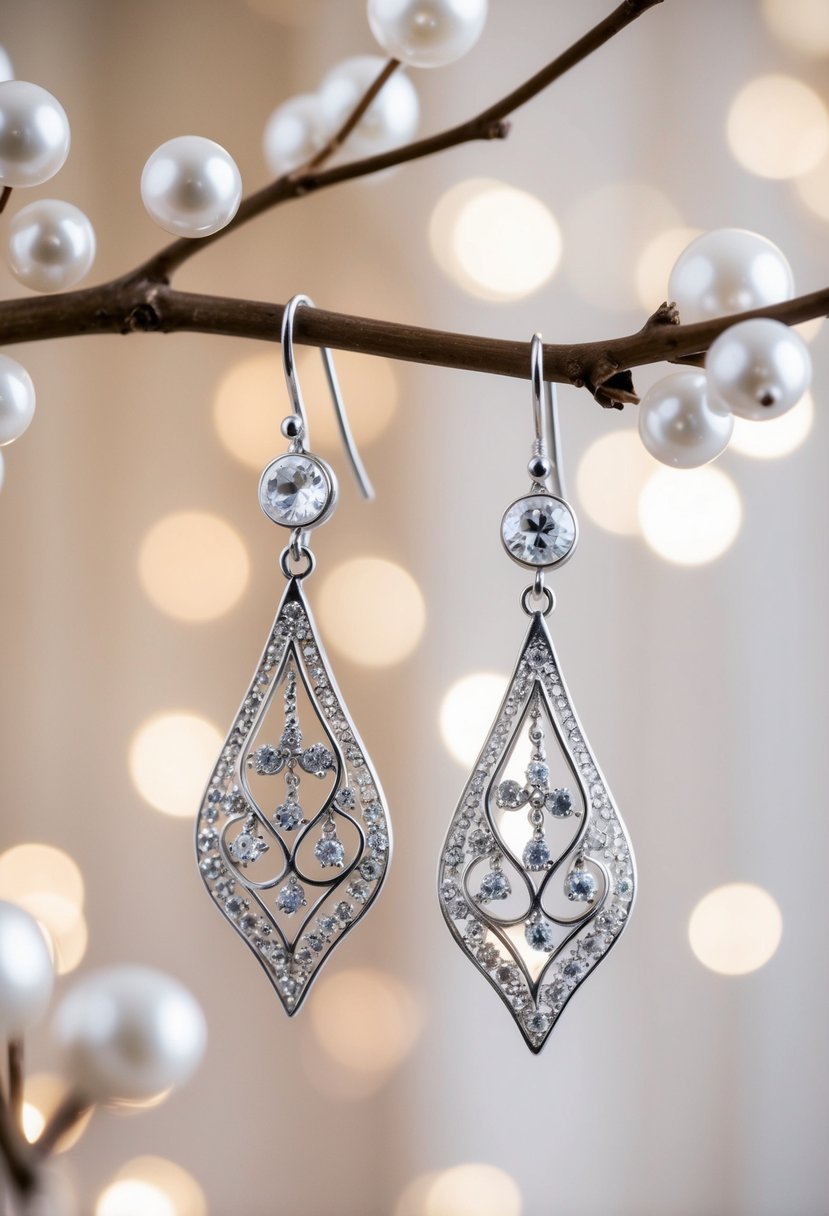 Silver Filigree Drops dangle from a delicate branch, surrounded by sparkling crystals and pearls. A soft, romantic light illuminates the intricate details of the earrings