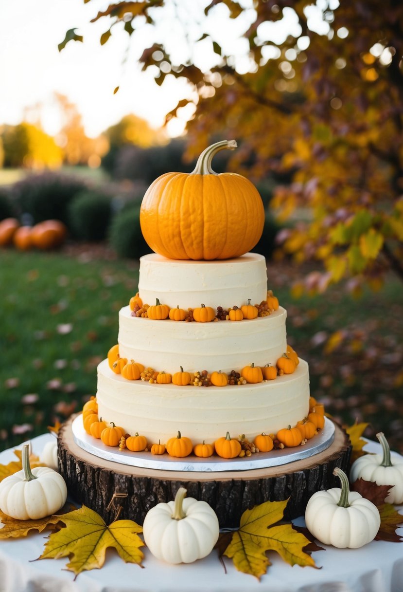 A golden pumpkin sits atop a tiered wedding cake, surrounded by autumn leaves and small white pumpkins