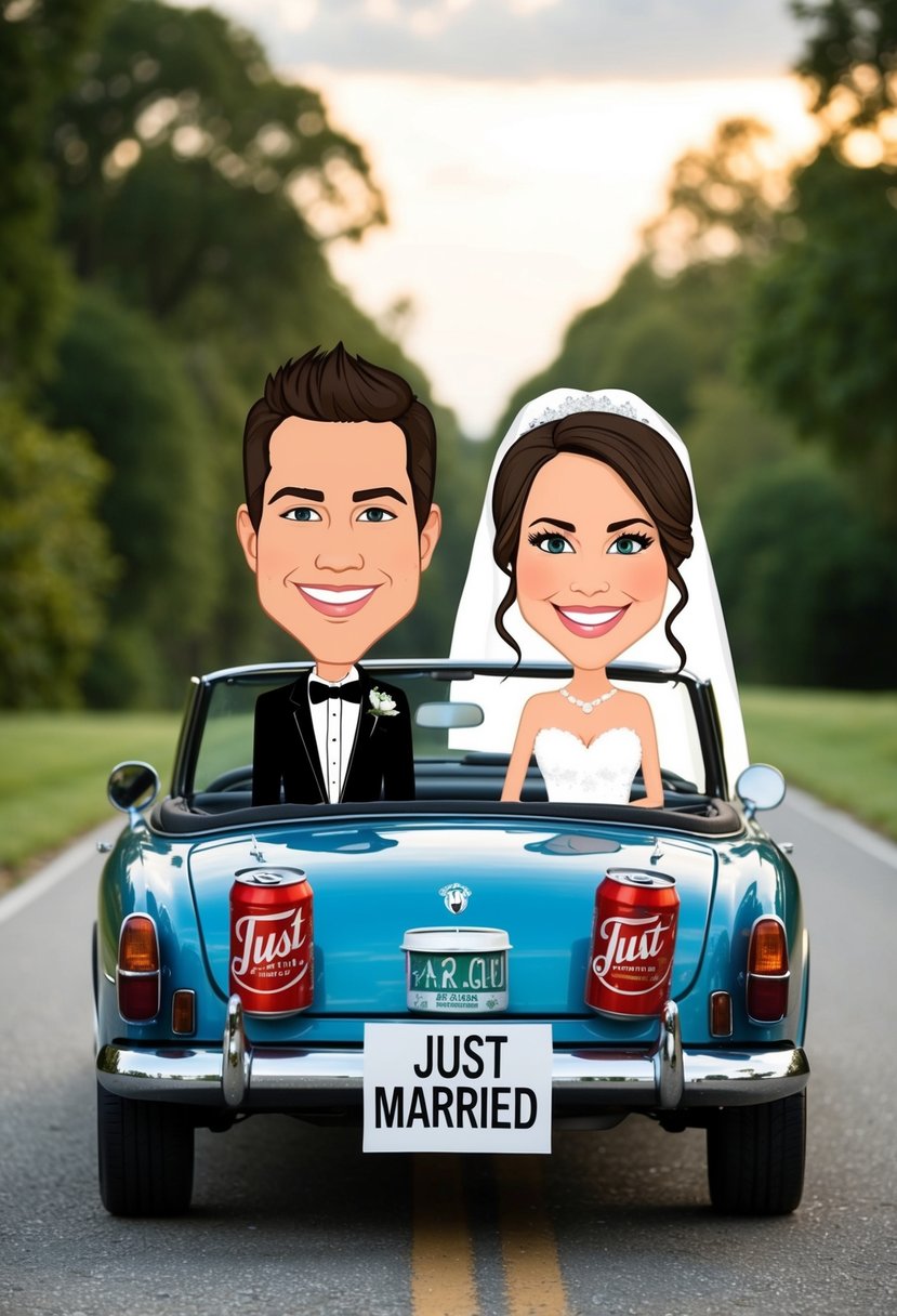 A bride and groom caricature characters in a convertible car, with cans tied to the back and "Just Married" sign